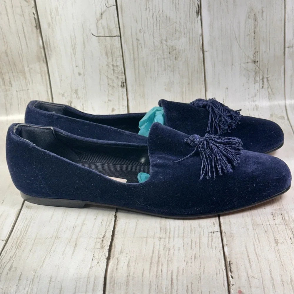 Talbots Womens Blue  Velvet Slip On‎ Smoking Flats Tassels Loafers Shoes sz 8AA